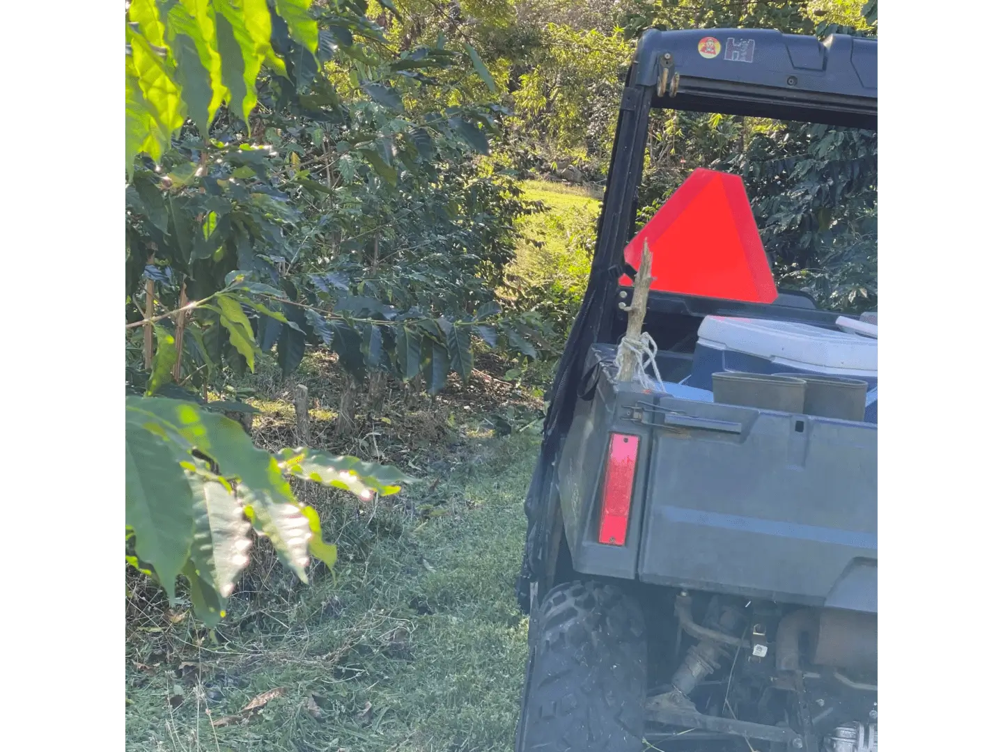 A red sign is in the back of an atv.